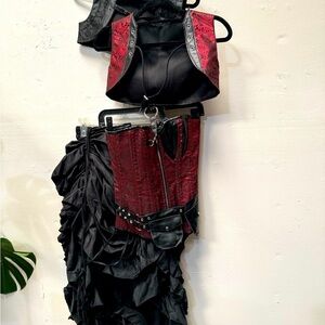 victorian Gothic dress bustier corset skirt set vest red black small steam punk